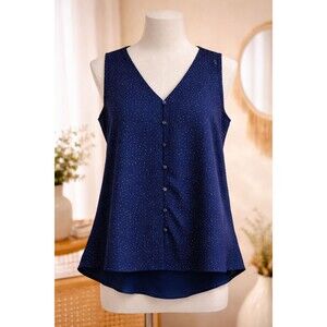 Blue Shimmer Dot Sleeveless V-Neck Blouse PM Button Front Y2K Chic Notations